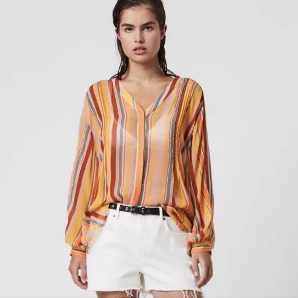 All Saints  size 8 multicolored striped Adra button down sheer shirt